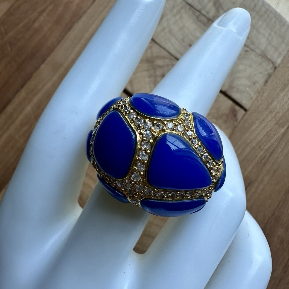 Noir Designer Statement Ring Size 6.5 Blue Acrylic Rhinestones Dome Gold Plated